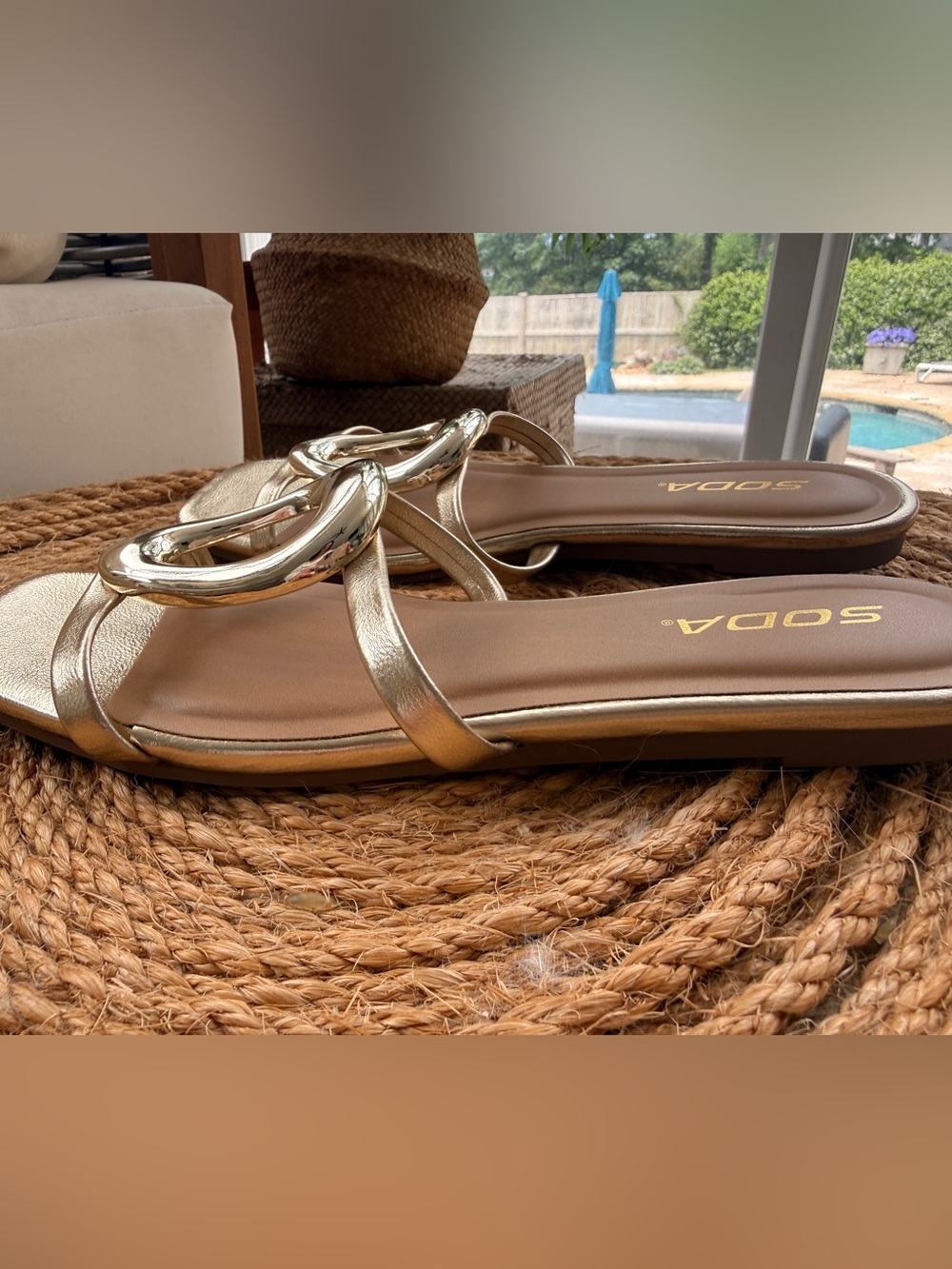 Gold Metallic Slide Sandals with Sculpted Accent - Picture 4 of 7